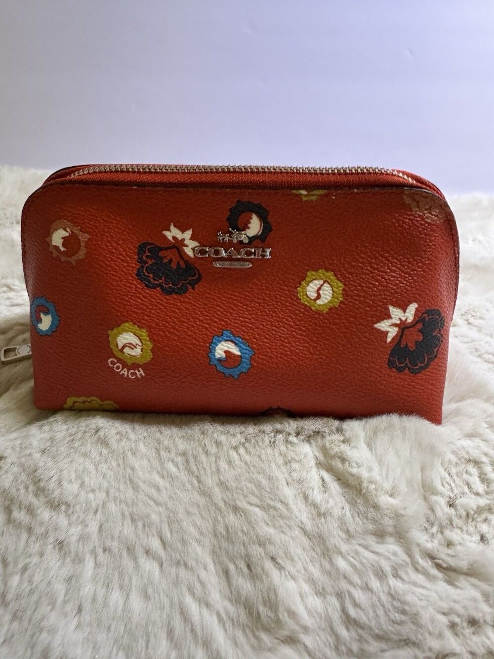 Coach Cosmetic Bag Zippered Carmine Red Floral Boho Pouch Logo Excellent